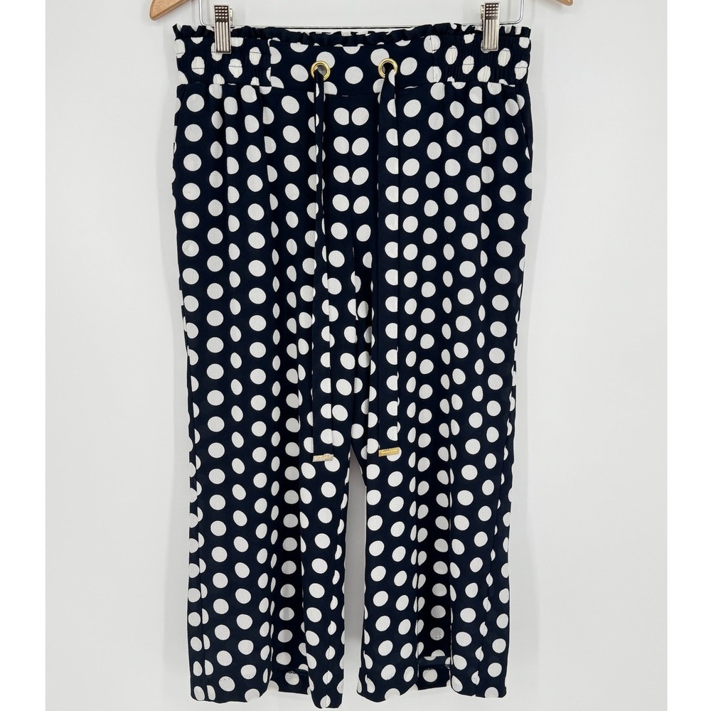 Michael Kors Navy White Polka Dot Crop Pants Wide Leg Paperbag Waist Small